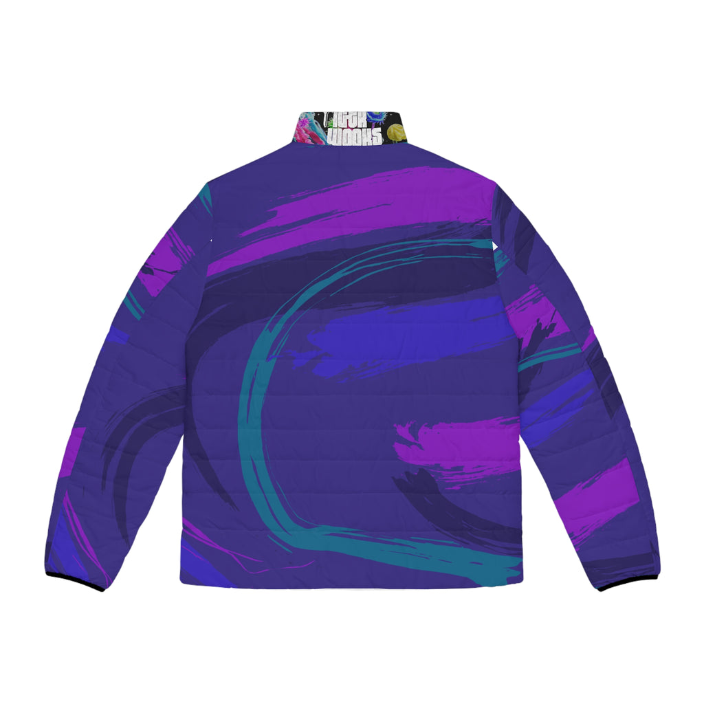 Puffer Jacket — Bold Purple & Teal Abstract Wave All-Over Print