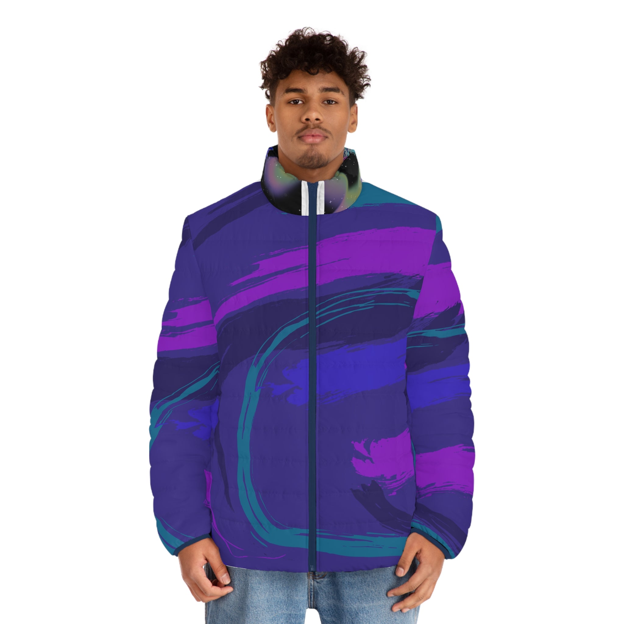 Puffer Jacket — Bold Purple & Teal Abstract Wave All-Over Print