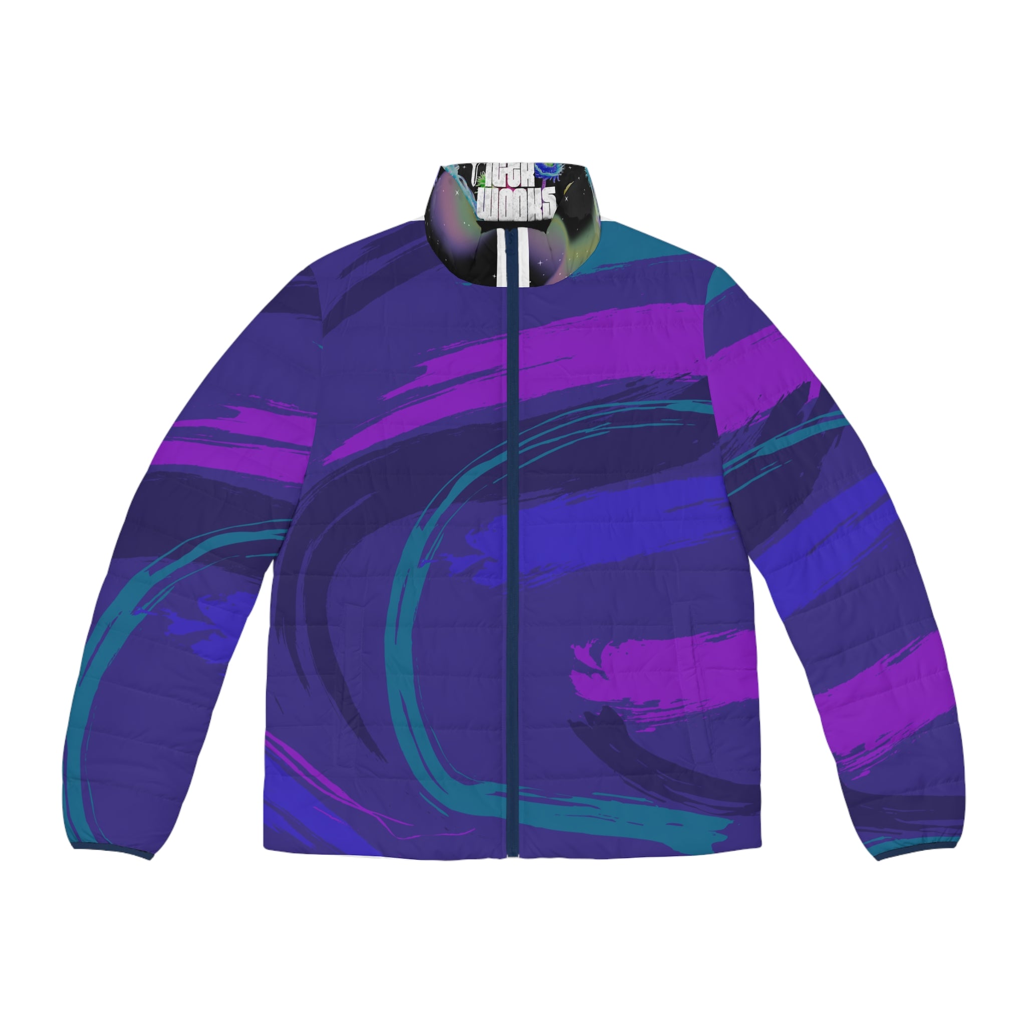Puffer Jacket — Bold Purple & Teal Abstract Wave All-Over Print