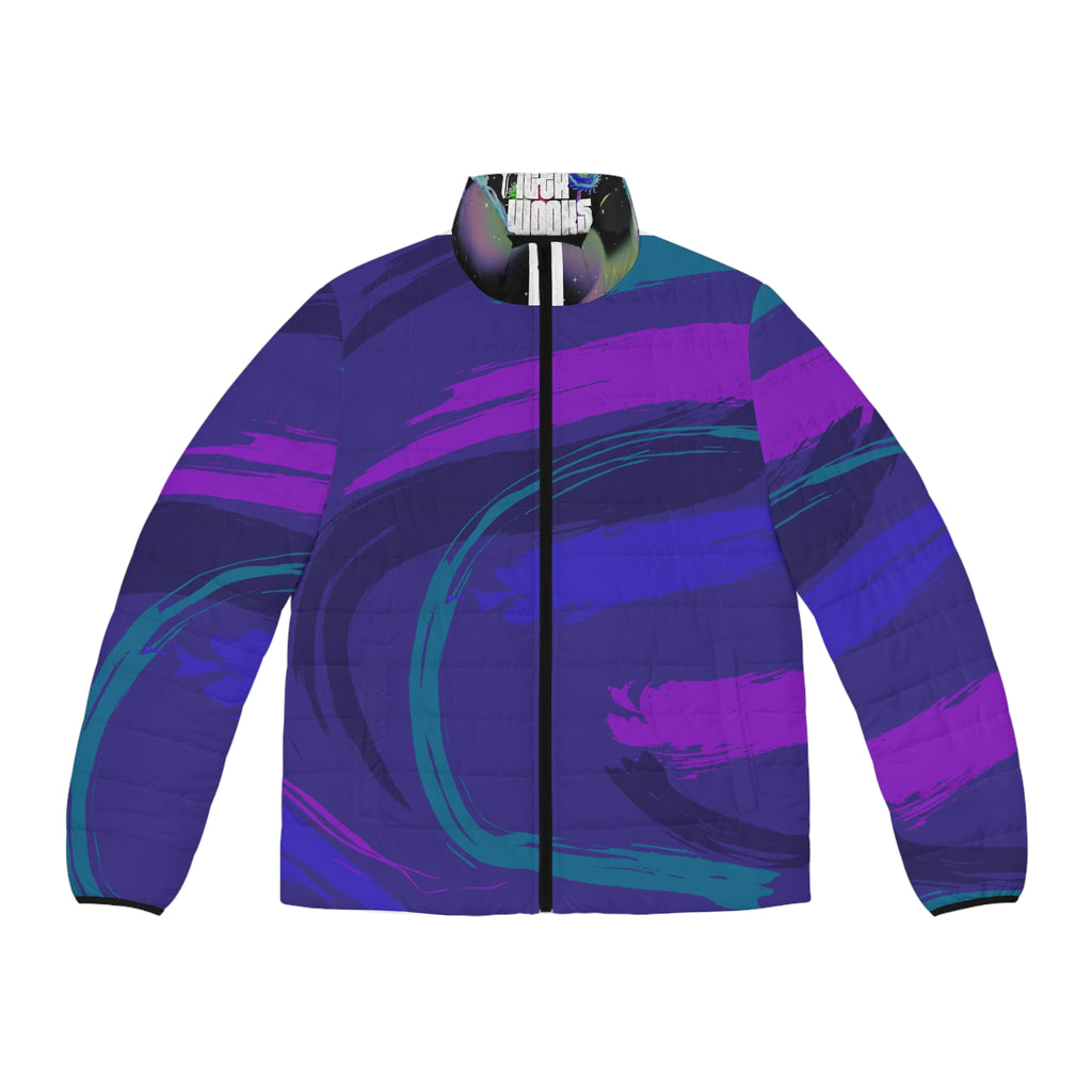 Puffer Jacket — Bold Purple & Teal Abstract Wave All-Over Print