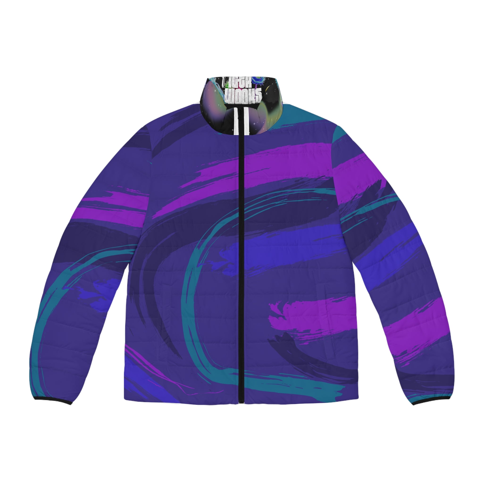 Puffer Jacket — Bold Purple & Teal Abstract Wave All-Over Print