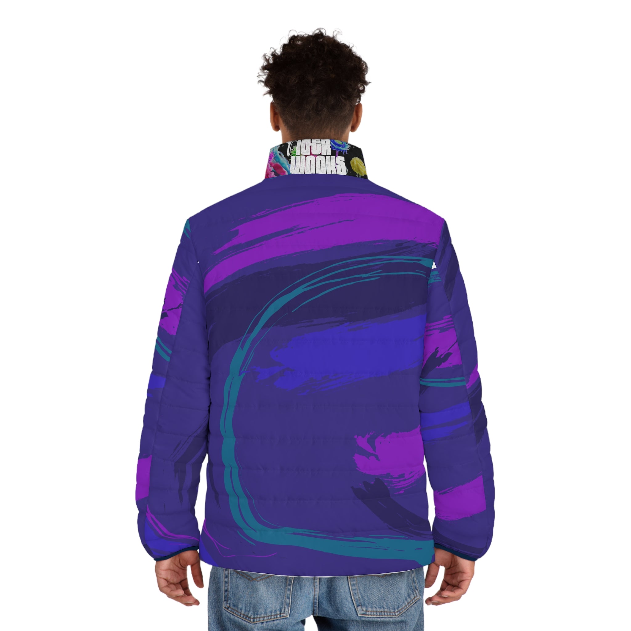 Puffer Jacket — Bold Purple & Teal Abstract Wave All-Over Print