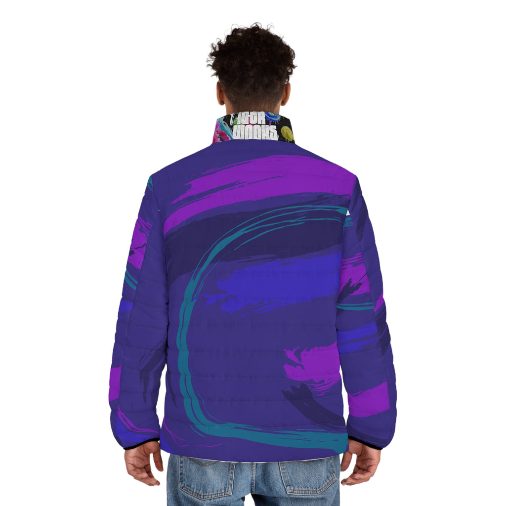 Puffer Jacket — Bold Purple & Teal Abstract Wave All-Over Print