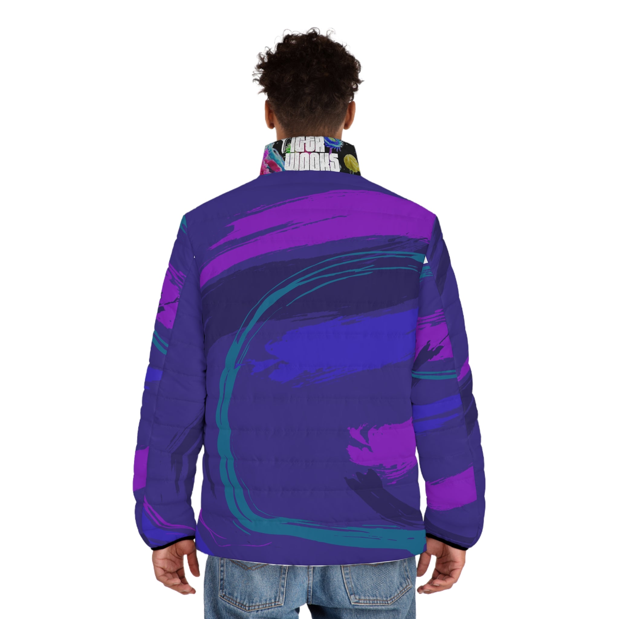Puffer Jacket — Bold Purple & Teal Abstract Wave All-Over Print